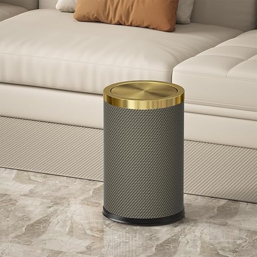 2.4 Gallon Bathroom Trash Can with Lid, Pu Leather Modern Garbage Can, Round Decorative Waste Basket, for Near Desk, Powder, Bedroom, Hotel, Office, Home (9L-Checked Grey)