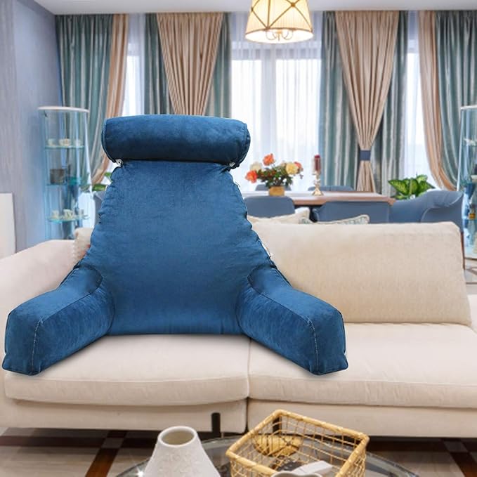 mittaGonG Reading Pillow for Sitting in Bed Adult with Detachable Neck Roll & Big Backrest Pillow for Bed Sitting up with Arms Side Pocket Shredded Foam Back Pillows Chair Pillow with Washable Cover
