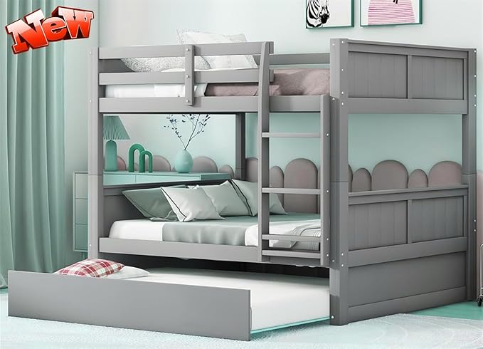 TSAMPA Latest Upgraded & Stronger Heavy Duty Solid Wood Full Over Full Bunk Bed with Trundle, Thickened Safer Convertible Bunk Bed Frame Full Over Full Size Bunk Bed (Easier to Assemble) (Gray), Grey