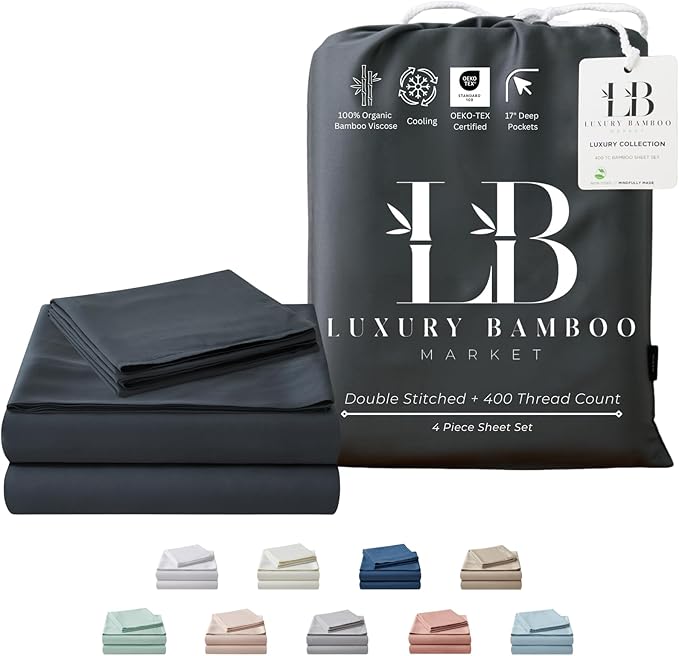 Luxury Bamboo Market | Queen Size Bed Sheet Set | 100% Viscose Made from Bamboo | Organically Grown | Ultra Soft | Cooling Sheets for Hot Sleepers | 17" Deep Pocket [Charcoal Grey]