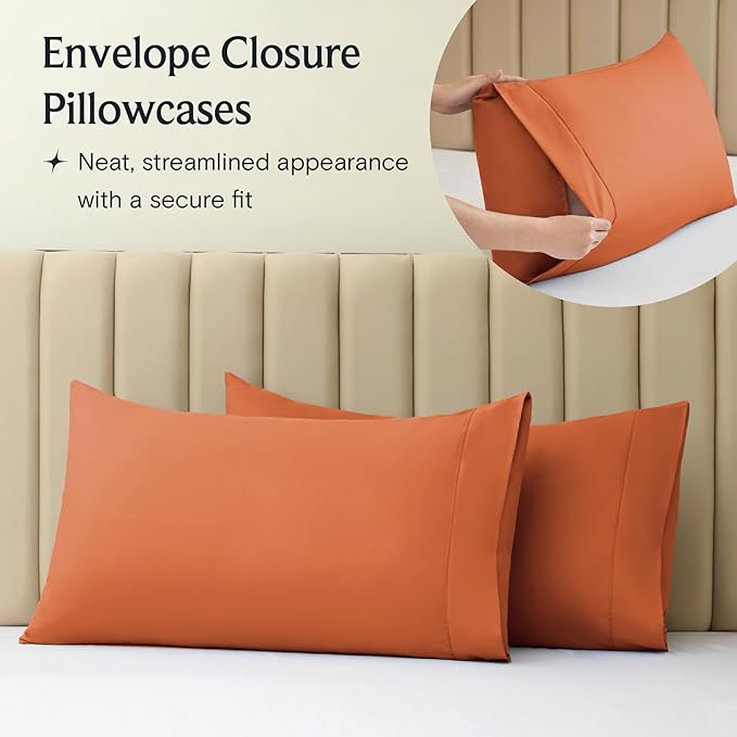 LuxClub 4 PC Queen Sheet Set, Deep Pockets Wrinkle Free Cooling Bed Sheets Hotel Bedding for Women, Men, Includes 1 Fitted Sheet, 1 Flat Sheet and 2 Pillowcases-Silky Soft Autumn Orange