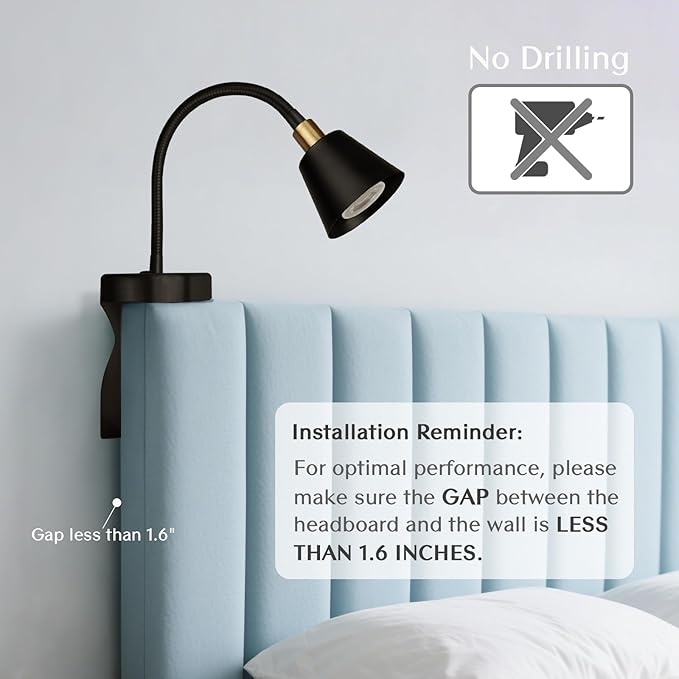 Solfres Patented Innovative Design Headboard Reading Light. No Drilling Golden Book Light for Bedtime Reading. Dimmable LED Book Reading Lamp with Bulb. Movable & Flexible, Black and Golden