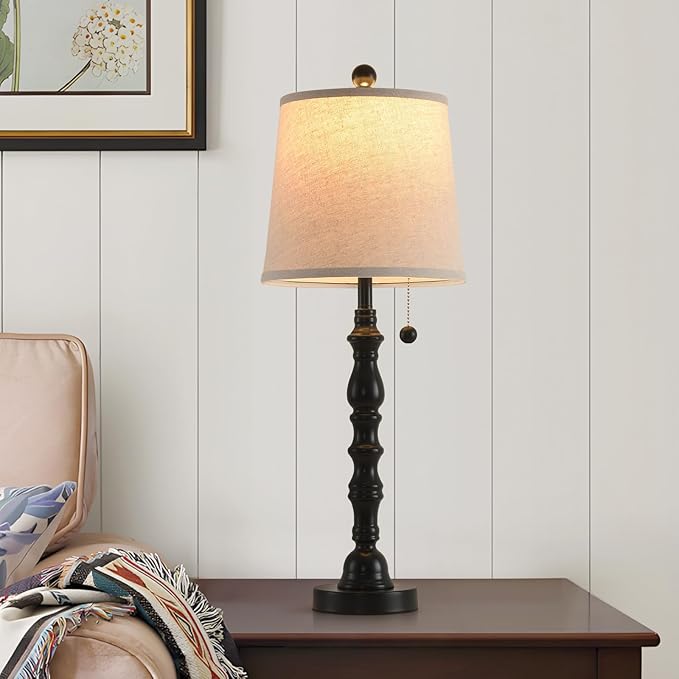 Terpsichore Lamps for Living Room Modern Farmhouse Table Lamp Bedside Reading Lamps Set of 2 Night Stands Bedroom Night Lamp,with Fabric Lamp Shade (Black, High 26.25 Inch)