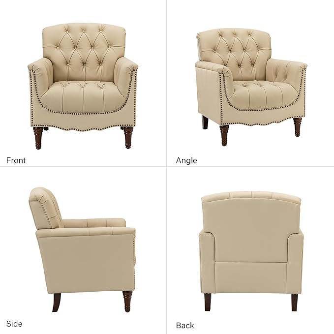 HULALA HOME Mid Century Modern Leather Club Chairs, Top-Grain Genuine Leather Armchairs with Button-Tufted Back & Solid Wood Legs, Accent Chairs for Living Room/Bedroom/Home Office, Beige