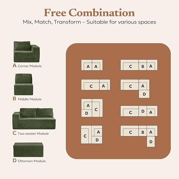 106" 3-Seater Sofa, Cloud Modular Sofa with Certified Foam, Upholstered Floor Sofa with Deep Seat, Sofa for Bedroom Living Room, No Assembly Required (Green, Plush Corduroy Fabric)