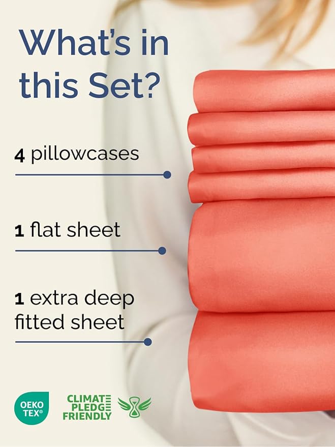 Extra Deep Cal King Sheet Set - 6 Piece Breathable & Cooling Sheets - Hotel Luxury Bed Sheets Set - Easy & Secure Fit - Soft, Wrinkle Free & Comfy Sheets Set - Coral Sheet Set with Extra Deep Pockets