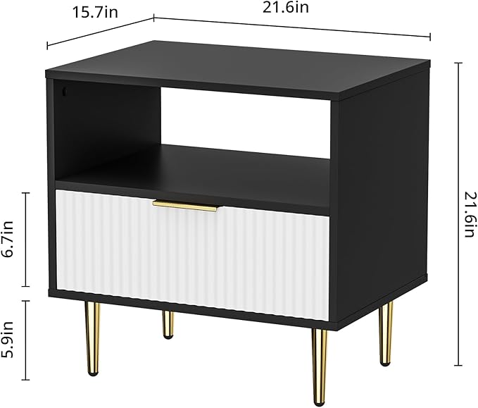 Nightstand Set of 2, Modern Nightstand with Drawer, End Table with Storage, Bed Side Table with Open Space, Night Stande for Bedroom, Side Table for Bedroom, Living Room, Black & White