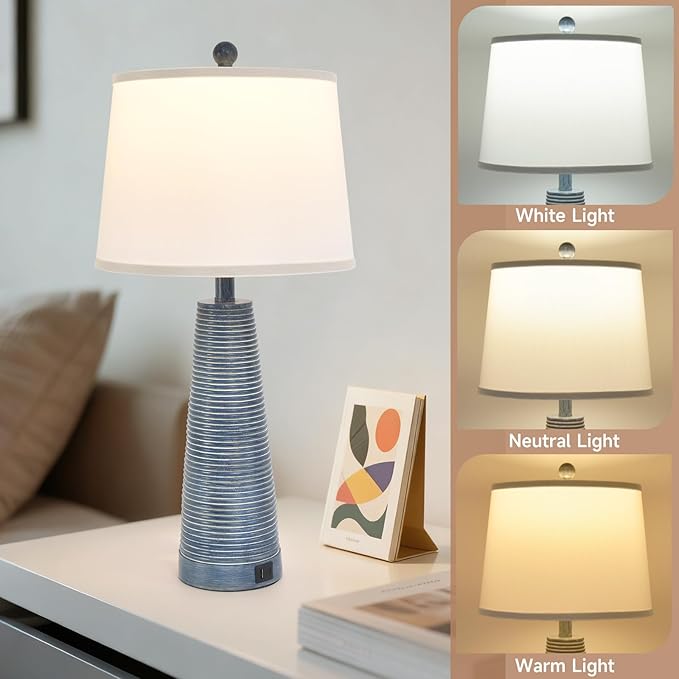 Terpsichore Nightstand Lamp Bedside Lamps Vintage Rustic Farmhouse Table Lamp 3 Way Dimmable Horizontal Stripe Light,for Living Room Bedroom,USB A+C (Navy Blue (Single-Pack), High 27 Inch)