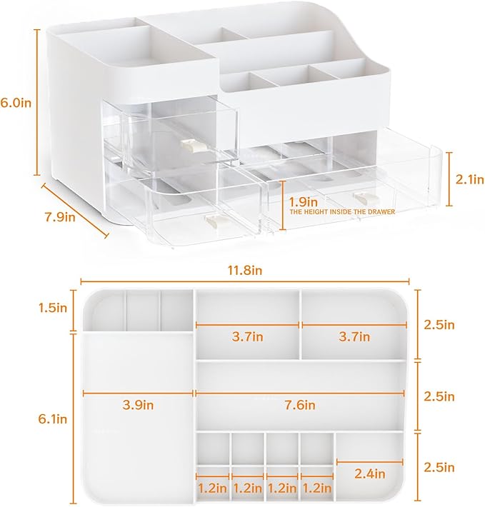 SuoXing White Make up Organizers for Vanity,Large Plastic Bathroom Counter Organizer With Drawers,Skincare Organizers and Cosmetic Storage for Dresser Top Skin Care,Beauty Products and Brush Holder