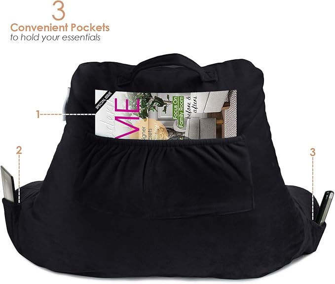 Nestl Reading Pillow with Shredded Memory Foam, Designed for Sitting Up in Bed and Couch, Back and Arms Adjustable Support for Adult & Teens Backrest Pillows for Reading, with Washable Cover Black