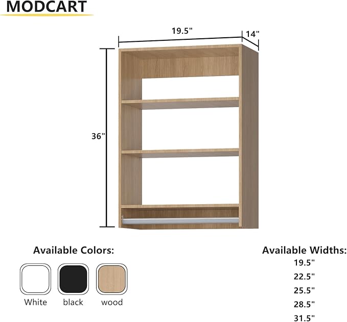 Medium Double Hanging Closet Unit, Modular Closet System, Wood Closet System Organizer with Storage for Walk In Closets, Clothing Rack Closet for Hanging Clothes, Bedroom, Wood, 19.5"W