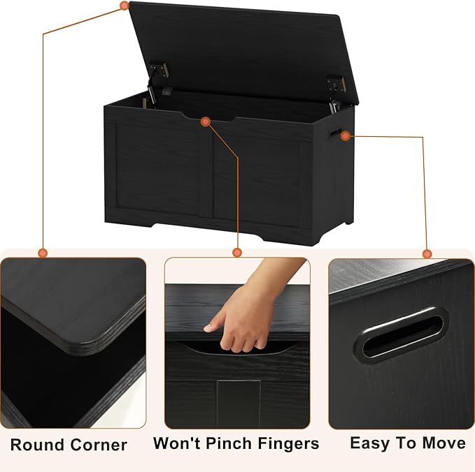 Timberer 31.5" Storage Chest, Wooden Storage Bench, Lift Top Toy Chest with 2 Safety Hinges, Large Toy Box, Entryway Shoes Bench for Living Room, Bedroom, Black