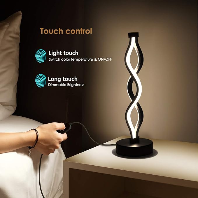 NUÜR Infinity Spiral LED Table Lamp Black, Dimmable Metallic Bedside Lamp with Touch Controller, 3 Colour Temperature, 15.8 Inch Height, Decorative Lamp for Home, Living Room