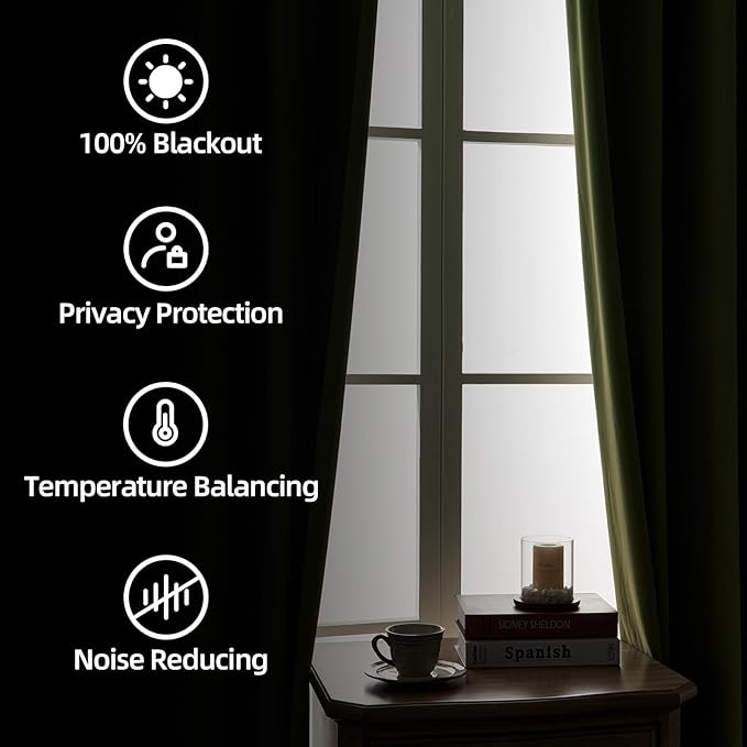Joydeco Customized Curtains, 100% Blackout Curtains for Bedroom and Living Room, Heavy Duty Luxury Thermal Insulated Moss Green Velvet Curtains Rod Pocket & Back Tab 1 Panel, Custom Size