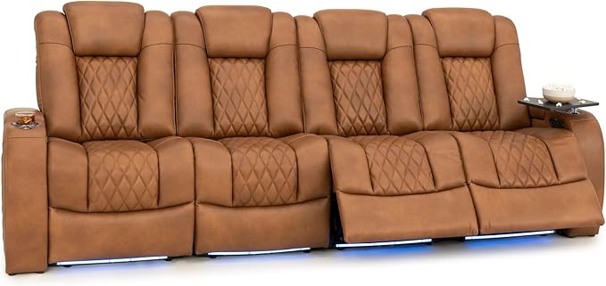 Seatcraft Diamante Zero-Gravity CoolZero Italian Leather Home Theater Seating, Power Headrest, Power Recline, Row of 4 Sofa, Tawny