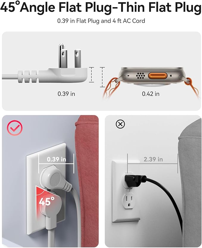 ORICO 65W USB Travel Power Strip, 7 in 1 Charging Station with 3AC, 2 USB-A, 2 USB-C, Flat Plug and 4ft Thin Extension Cord, Fast Charger for MacBook, iPad, iPhone 17/16/15 - TK65