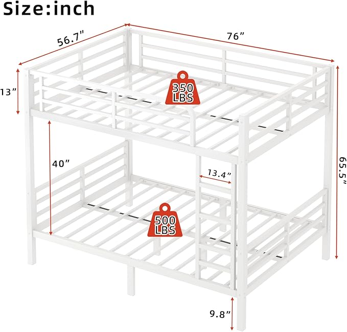 Full Over Full Bunk Bed Frame, Heavy Duty Metal Loft Bed for Adults/Teens, 350/500LB Capacity w/Ladder & Guardrail, Noise-Free Steel Slats, No Box Spring Required, White