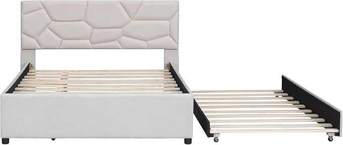 Full Size Upholstered Platform Bed with Twin Size Trundle, Headboard w/Brick Pattern, Wood Slat Support Included, for Boys Girls Kids Teens Adult,Beige