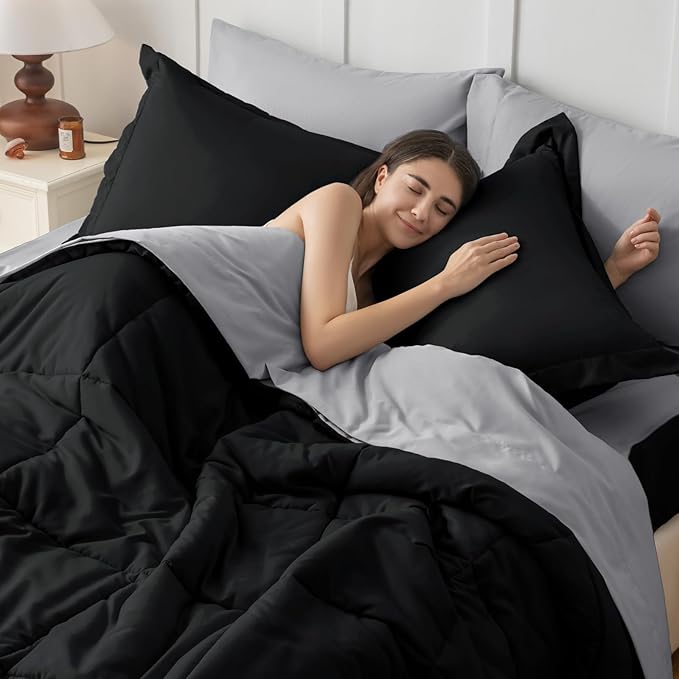 JOLLYVOGUE King Comforter Set, Ultra-Soft Bed in a Bag King Size 7 Pieces, Oeko-TEX Certified Bedding Set with Down Alternative Comforter, Sheets, Pillowcases & Shams, Black & Light Grey