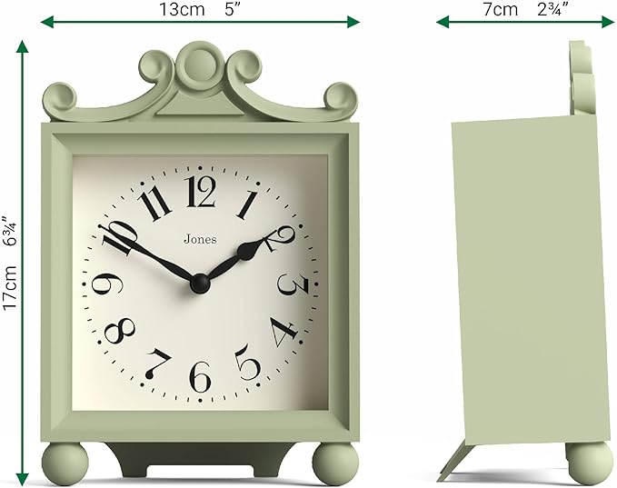 JONES CLOCKS® Parlour Mantel Clock | Classic Carriage Clock | Sage Green | Elegant Square Decorative case, Perfect for Mantel, Shelf, Table or Bedside