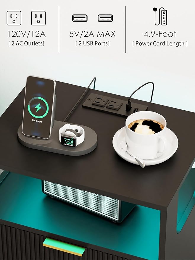 Nightstand with Charging Station and LED Lights, Modern Bedside Table with 2 Storage Drawer and Open Wood Shelf for Bedroom and Small Spaces, Night Stand with Solid Wood Legs