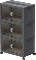 Stackable Storage Bins, Plastic Storage Bins with Lid and Wheels, Collapsible Storage Containers with Magnetic Doors, Foldable Storage Boxes for Home, Pantry, Office (M, Gray 3-Tier)