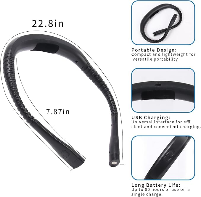 Book Light, 3-Color & 9-Brightness Reading Light, Bendable Neck Light, 80-hr Lasting Rechargeable Lamp, Perfect Book Light for Reading in Bed, Knitting, Camping (Black, Classic)