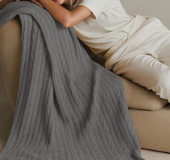 100% Cotton Cable-Knit Throw Blanket: 60" x 70", Ultra Soft, Breathable, All-Season Comfort & Versatility, Ideal for Couch, Bed, Travel and Gifting (Grey)