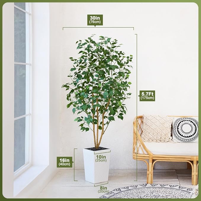 6ft Artificial Ficus Tree-Tall Faux Tree with Pebbles & Planter UV Resistant Potted Fake Plant with Silk Leaves & Real Wood Trunk-Indoor Outdoor Floor Plant for Home,Living Room,VN129
