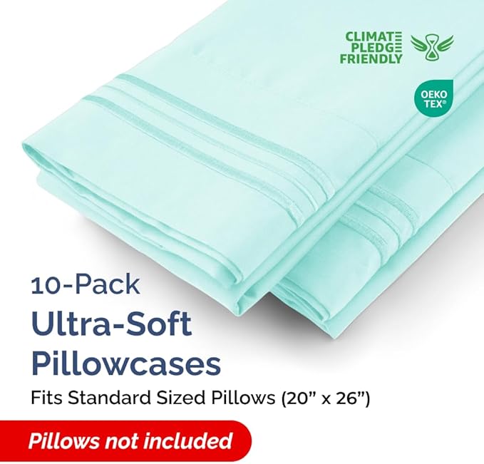 Standard Pillow Cases Set of 10 - Ultra Soft Hotel Quality Pillowcase Covers - Comfy, Cozy & Wrinkle Free - Shrink, Stain & Fade Resistant - Machine Washable Pillow Protectors - 10 Pcs Set - Spa Blue