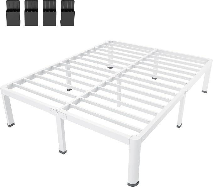 MAF 20 Inch Queen Size Bed Frame White with Round Corner Legs Mattress Slide Stopper No Box Spring Needed Heavy Duty Metal Platform Bed Frames Under-Bed Storage Space, 3000 LBS Steel Slats Support