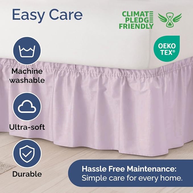 Wrap Around Dust Ruffle Bed Skirt - Light Lavender - for King Size Beds w/ 12 Inch Drop - Easy Fit Elastic Strap - Adjustable Pleated Bedskirt w/Brushed Fabric Wrinkle Free, Women, Men, Kids & Teens