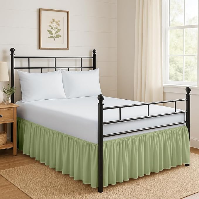Ruffled Bed Skirt Split Corners with Platform, Tailored Fit Hotel Quality Wrinkle Free Ultra-Soft Microfiber Dust Ruffle, Upto 12 Inch Drop, Twin, Sage