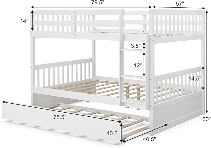 KOMFOTT Wood Full Over Full Bunk Bed with Trundle, Full Bed Frame with Ladder, Solid Wood Frame & Safety Guardrails, Space-Saving Bunk Bed for Teens & Adults, No Box Spring Needed