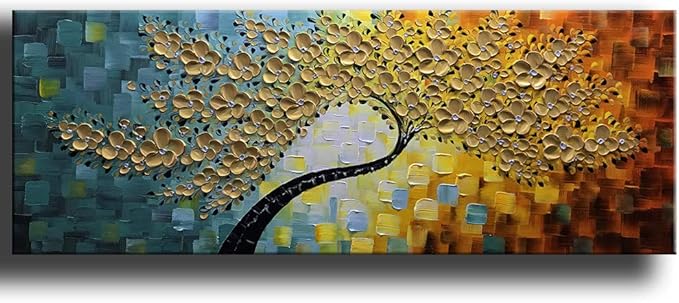 YaSheng Art -100% Hand Painted 3D Golden Flowers Contemporary Art Oil Painting On Canvas Texture Palette Knife Tree Paintings Home Dining Room Living Room Wall Decor Large Abstract Canvas Art Paintings 24x60inch
