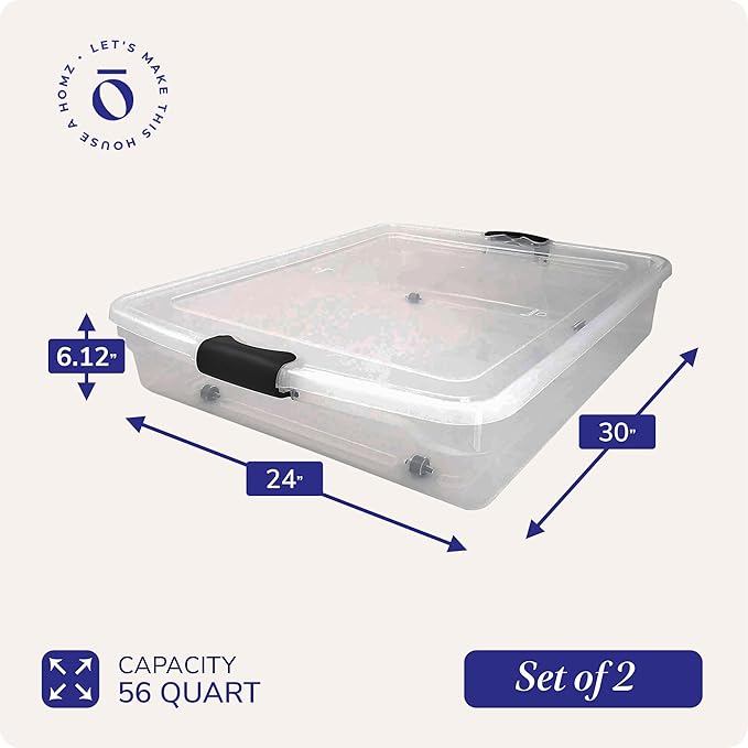 HOMZ 2-Pack Under Bed Storage, Clear Plastic Containers with Lids, 56 Quart, Gray Latch - Stackable Underbed Organizer Bins for Shoes, Bags, Clothes, and Towels