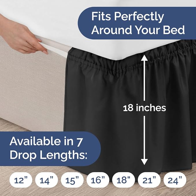 Wrap Around Dust Ruffle Bed Skirt - Black - for Queen Size Beds with 18 Inch Drop - Easy Fit Elastic Strap - Adjustable Pleated Bedskirt w/Brushed Fabric - Wrinkle Free - for Women, Men, Kids & Teens
