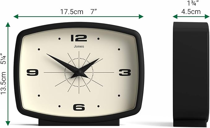 JONES CLOCKS® Film Desk Clock | Retro Rectangular Design | Black | Retro Design, Blending mid Century Style with a Punchy Modern Finish for Shelf, Table, Mantel or Bedside