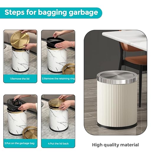 4 Gallon Bathroom Trash Can with Swing Lid, White Silver Leather Garbage Can, Modern, Large, Big Waste Basket, for Bedroom Kitchen Powder Room Toilet (15L Elegant White)