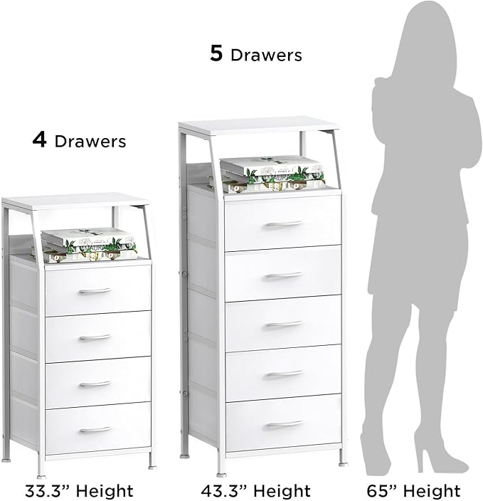 Ollieroo White Dresser for Bedroom, Storage Organizer with 5 Drawers, Vertical Fabric Storage Tower, Nightstand Bedside Table, Sturdy Steel Frame & Wooden Top