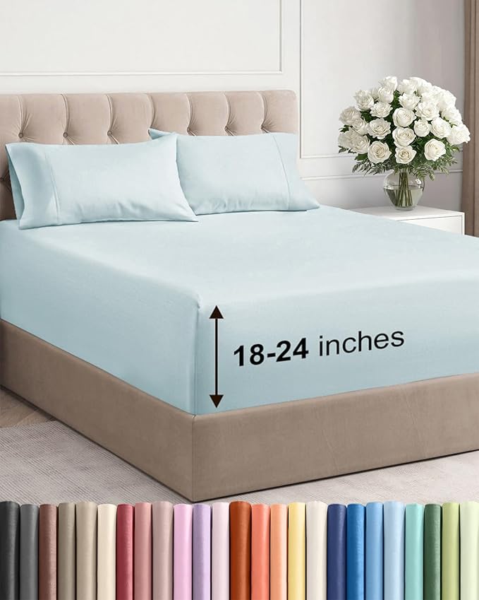 Extra Deep Twin Sheet Set - 4 Piece Breathable & Cooling Sheets - Hotel Luxury Bed Sheets Set - Easy & Secure Fit - Soft, Wrinkle Free & Comfy Sheets Set - Ice Blue Sheet Set with Extra Deep Pockets