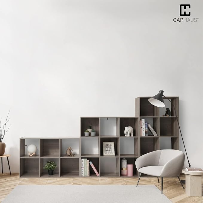 CAPHAUS Sturdy Room 11-Inch Cube Storage Organizer Shelf, with Thick Exterior Edge, Storage Shelf Divider w/Back, Bookcase, 8-Cube, Rustic Grey Oak
