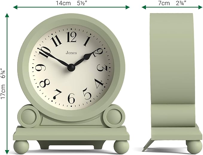 JONES CLOCKS® Maida Vale Mantel Clock | Small Traditional Desk Clock | Sage Green | Pretty & Charming Ideal for Mantelpiece, Bookshelf or Bedside