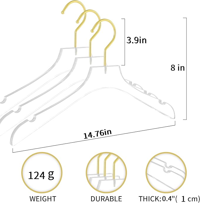 Acrylic Hangers Clear and Gold Premium Quality Clothes Hangers Standard Clothing