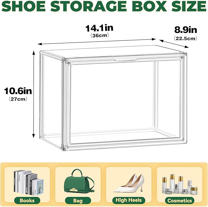 6 Pack X-Large Acrylic Display Case, Size 14 Clear Shoe Box Stackable Sneaker Display Case with Magnetic Lid Multipurpose Storage Bin for Closet for Purses, Handbags, Cosmetics, Collectibles