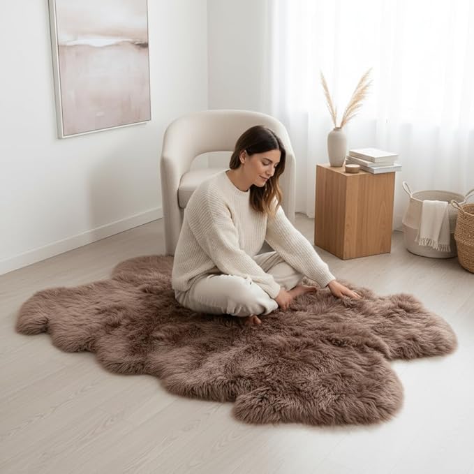Premium Buff Tan Sheepskin Rug Genuine Quad 4x6ft Pelt Fluffy Fur Rug for Living Room