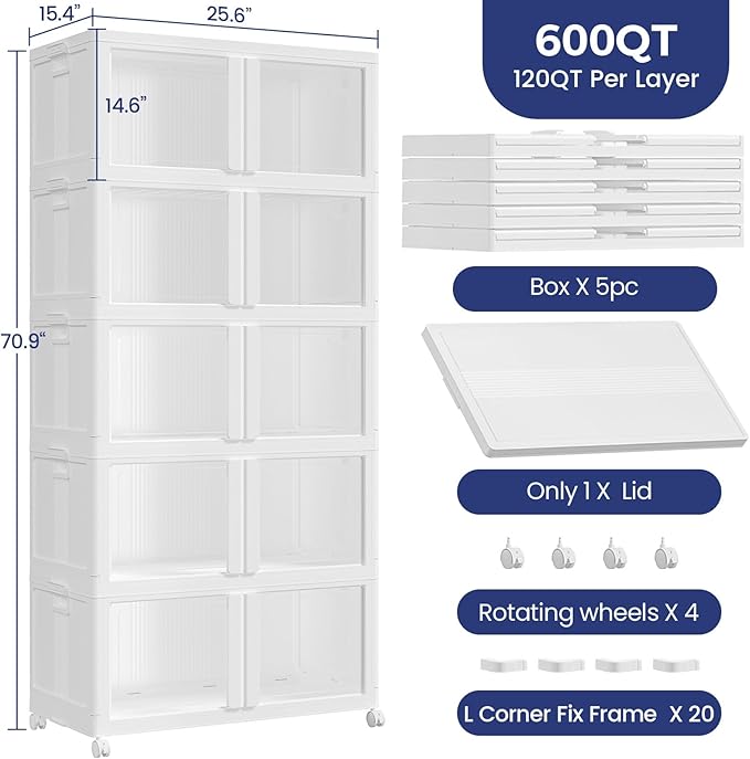 150GAL Large Stackable Storage Bins with Lid and Wheels, 600Qt Collapsible Organizer Cabinet with Clear Door, for Closet, Bedroom, Kitchen, Garage, 5-Pack White