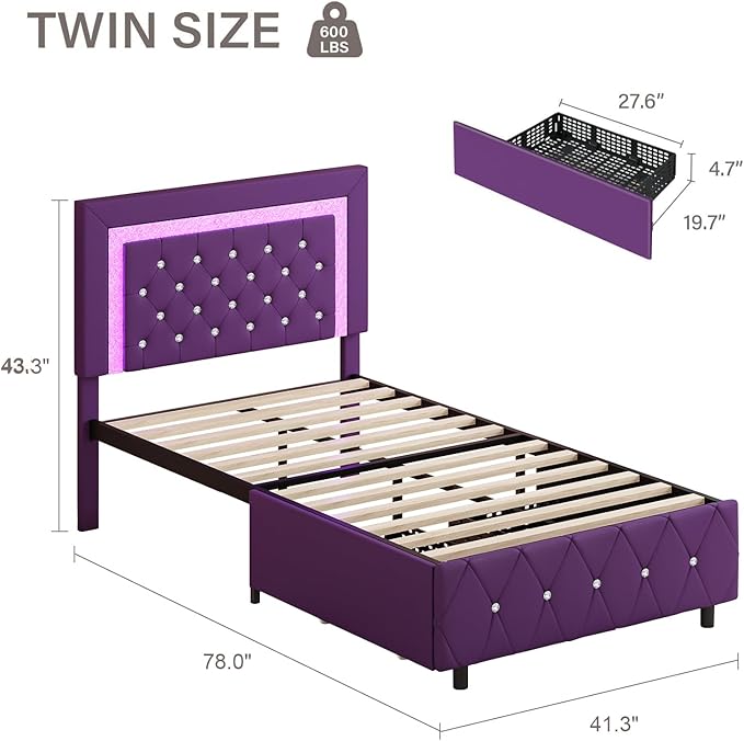 Twin Bed Frames with Storage Drawers and LED Lights, Upholstered Bed with Crystal Tufted Headboard, Princess Platform Bed with Wooden Slats Support, No Box Spring Needed, Purple