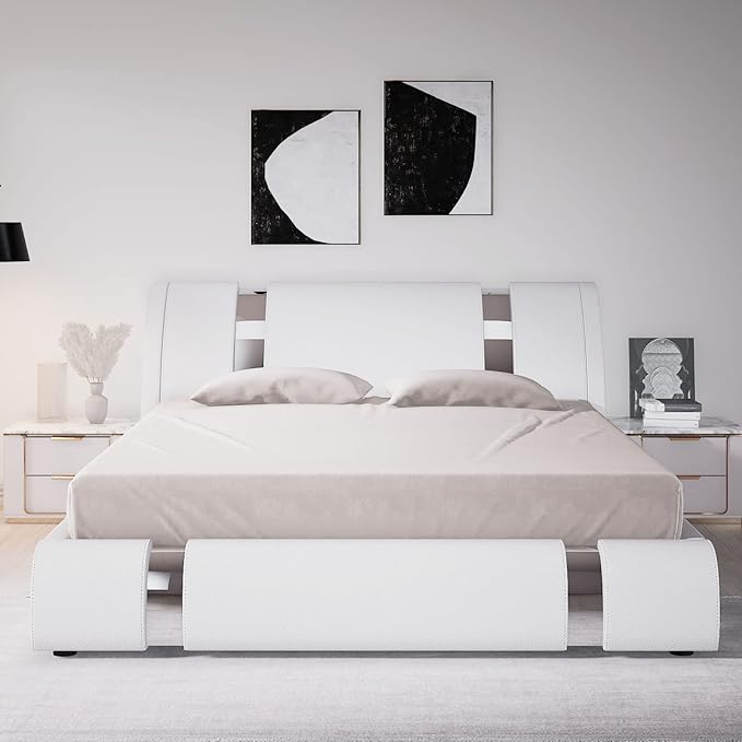 Allewie Queen Size Platform Bed Frame with Iron Piece Decor, Faux Leather Upholstered Bed with Curved Adjustable Headboard, Wooden Slats Support, No Box Spring Needed, Modern Style, White