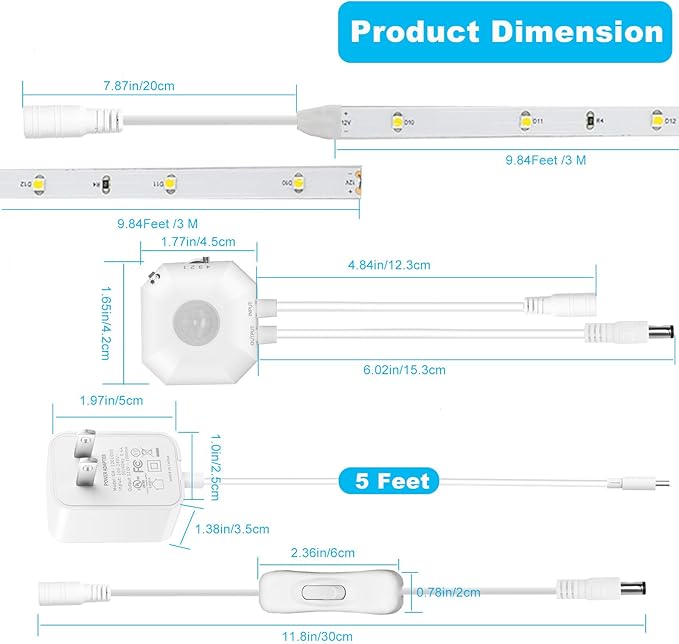 Motion Sensor LED Light Strip, 9.8 Feet Flexible Warm White Motion Activated Led Strip Lights with Adjustable Timer & UL Power Supply for Under Cabinet, Stairs, Bed Lighting Decoration.